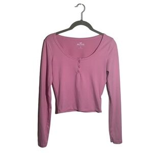 Hollister Pink Ribbed Henley Top XS Long Sleeve Slim Fit Y2K Style